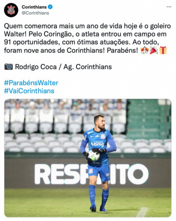 Corinthians parabenizou Walter no aniversrio do goleiro